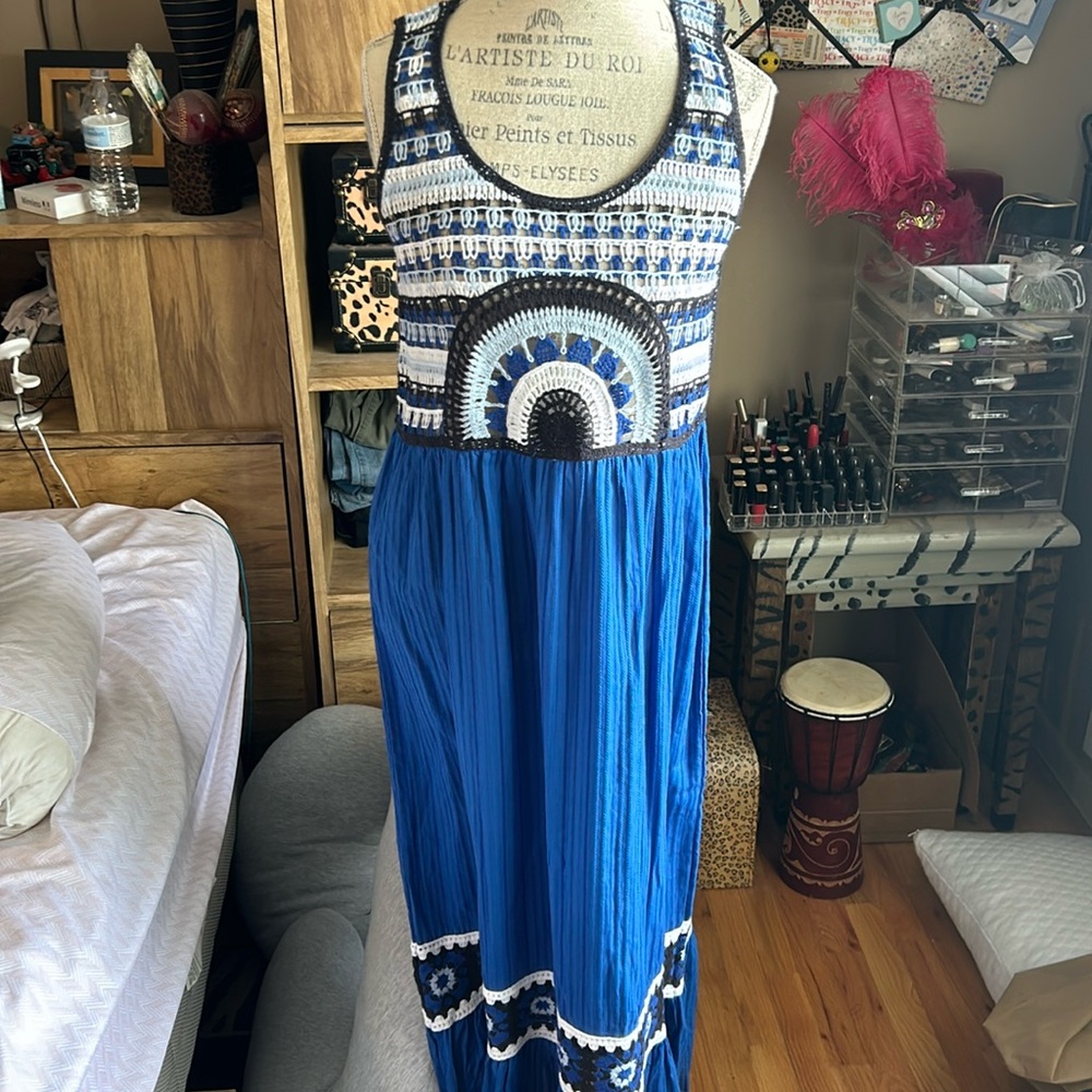 Sunday Up Santorini Crochet Top Blue Dress - Large NWT